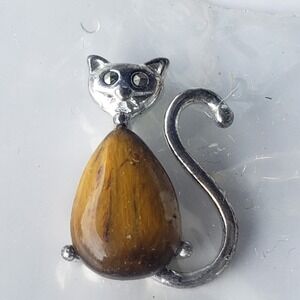 Sterling Silver "Jelly Belly" Cat with Brown Stone Cat Pendant